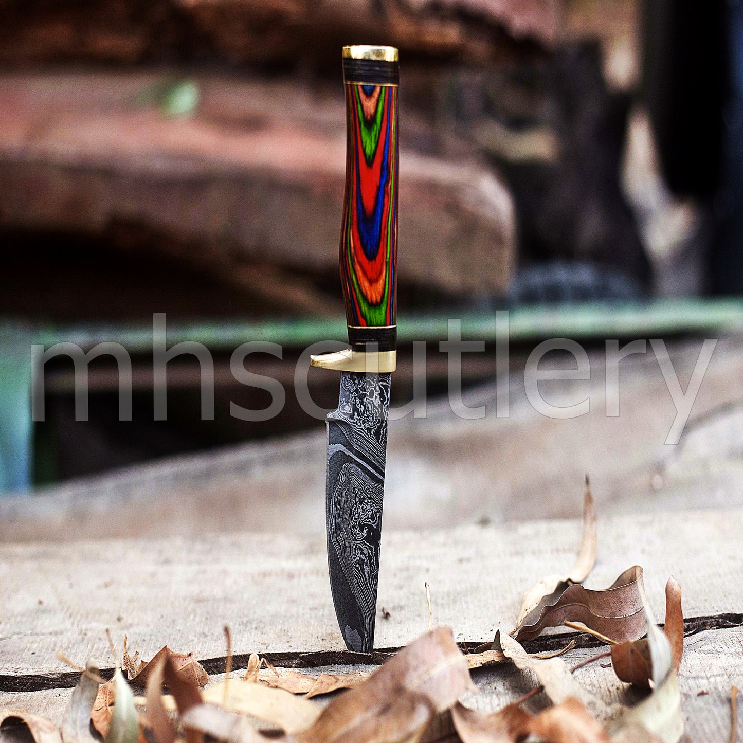 Custom Handmade Damascus Steel Skinner Knife With Rainbow Handle | mhscutlery