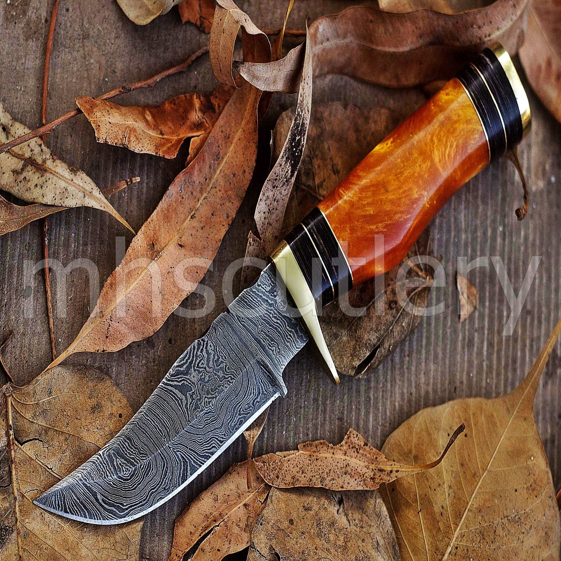Custom Hand Forged Damascus Steel Hunter Skinner Knife With Yellow Handle | mhscutlery