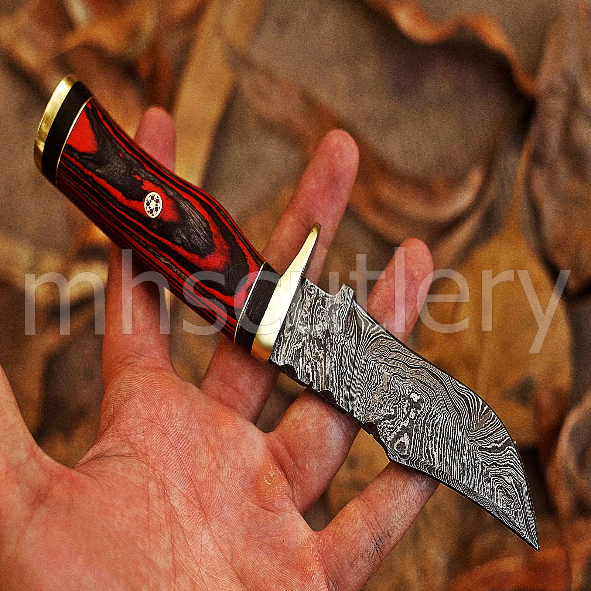 Hand Forged Damascus Steel Rat Tail Skinner Knife With Pakka Wood Handle | mhscutlery