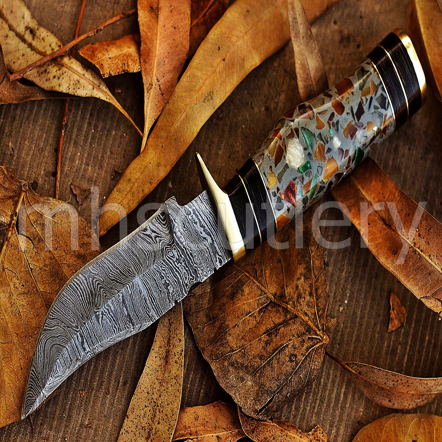 Custom Made Damascus Steel Skinning Knife With Pebble Resin Handle | mhscutlery