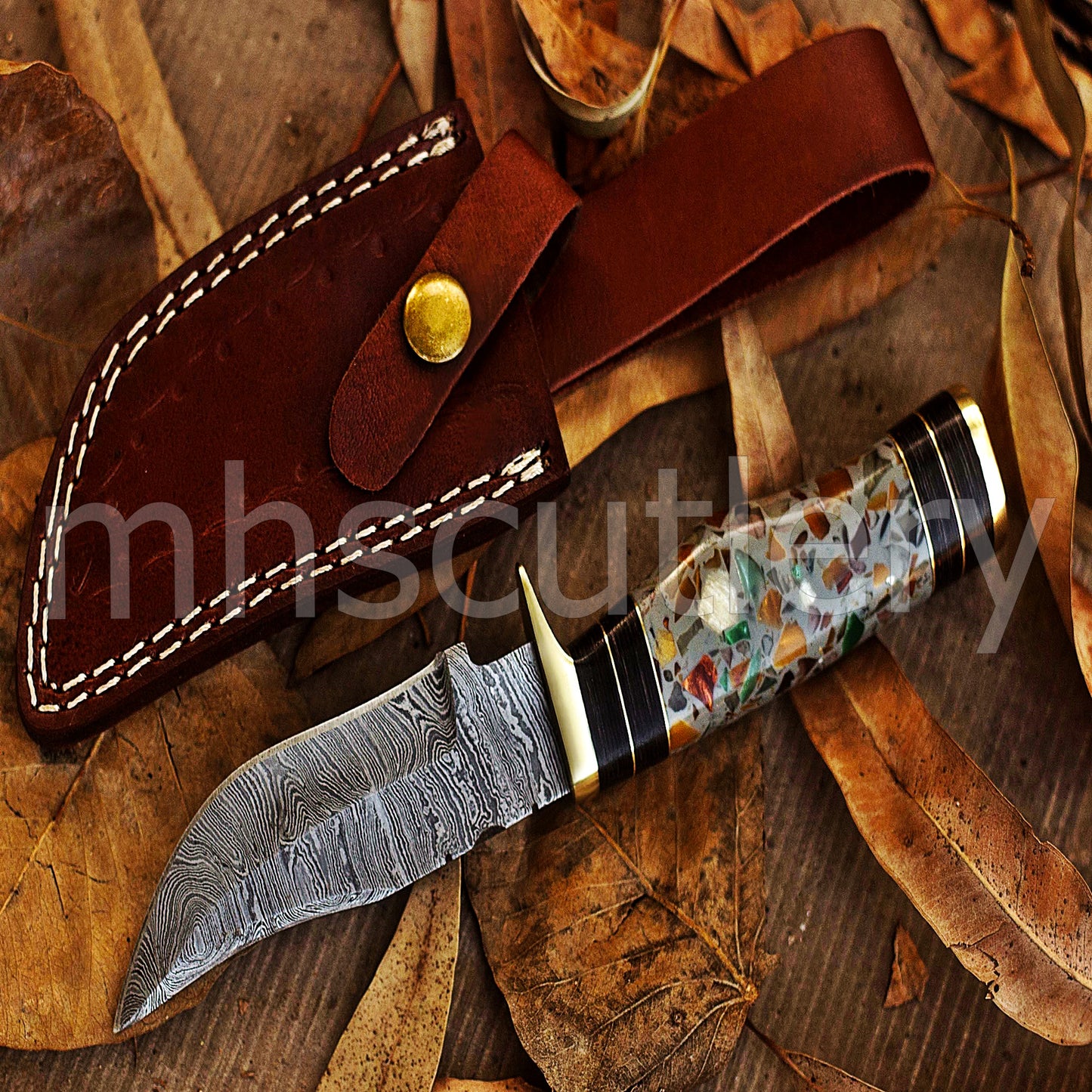 Custom Made Damascus Steel Skinning Knife With Pebble Resin Handle | mhscutlery