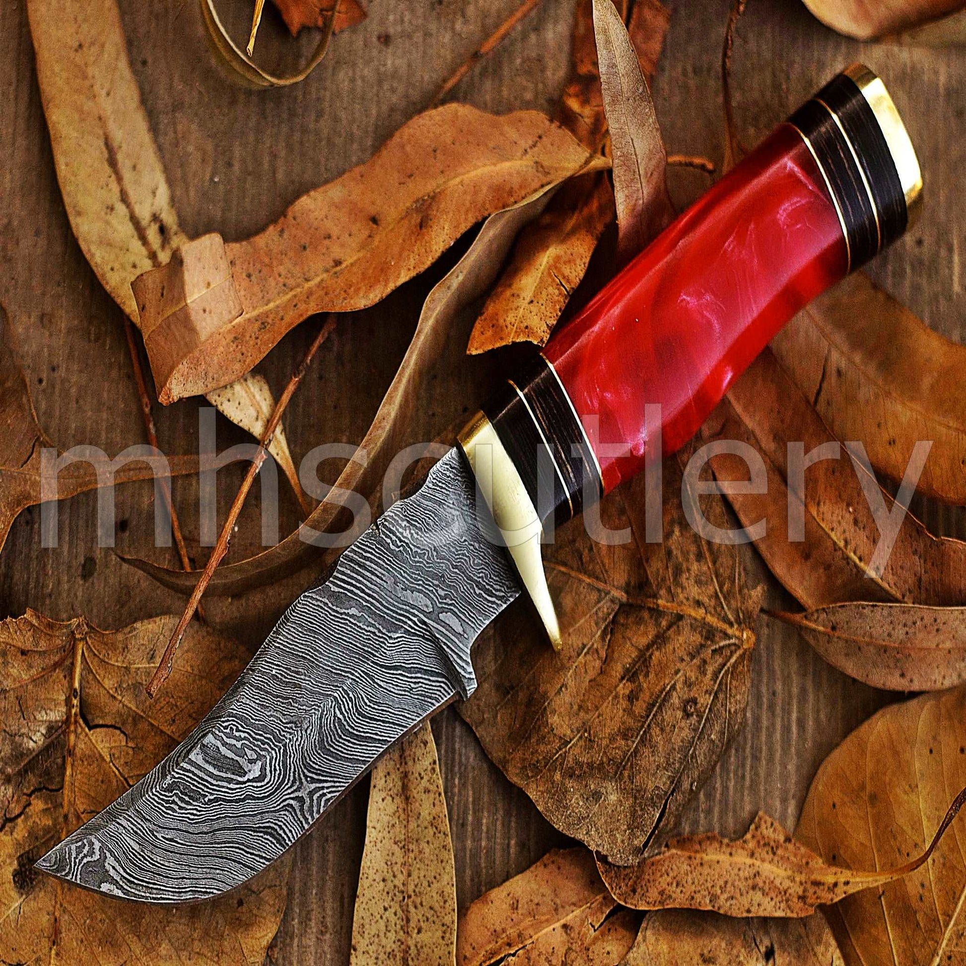 Custom Forged Damascus Steel Hunting Skinner Knife With Pink Resin Handle | mhscutlery