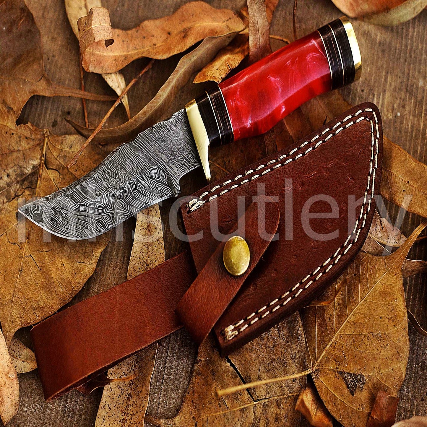 Custom Forged Damascus Steel Hunting Skinner Knife With Pink Resin Handle | mhscutlery
