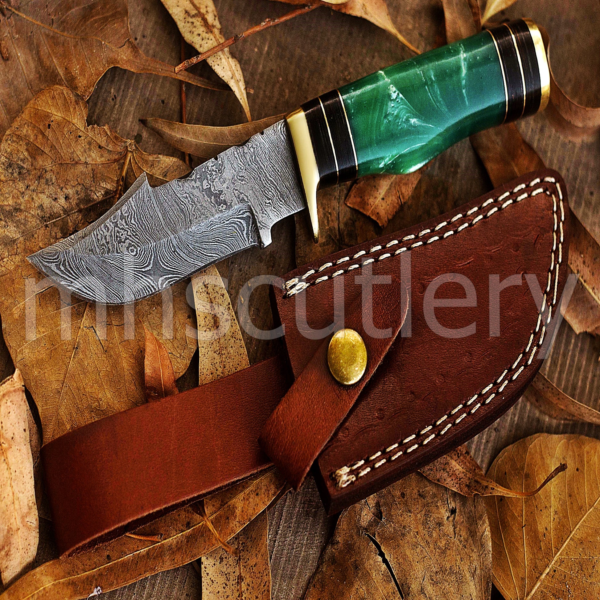 Custom Made Damascus Steel Hunter Skinning Knife With Green Resin Handle | mhscutlery