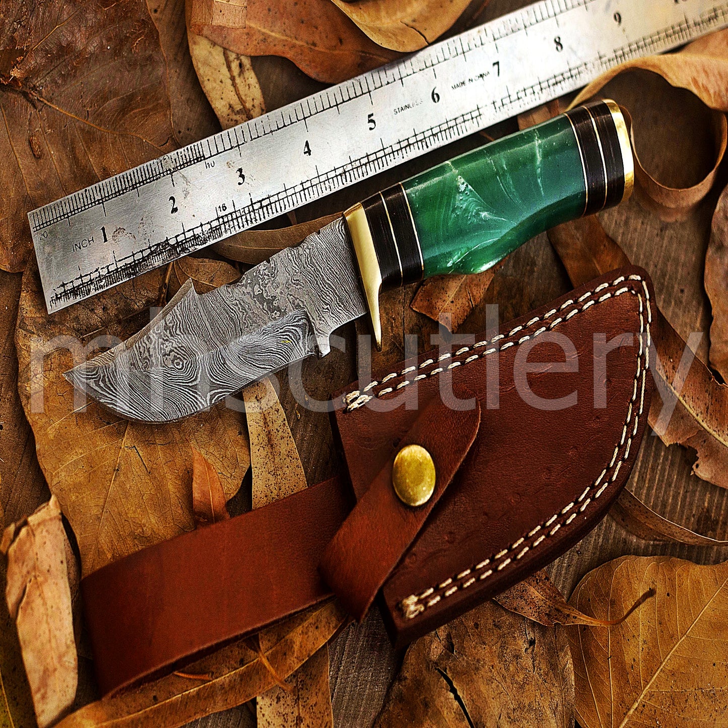 Custom Made Damascus Steel Hunter Skinning Knife With Green Resin Handle | mhscutlery