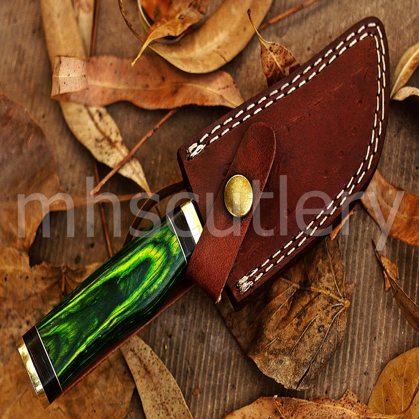 Hand Forged Damascus Steel Skinner Hunting Knife With Green Pakka Wood Handle | mhscutlery
