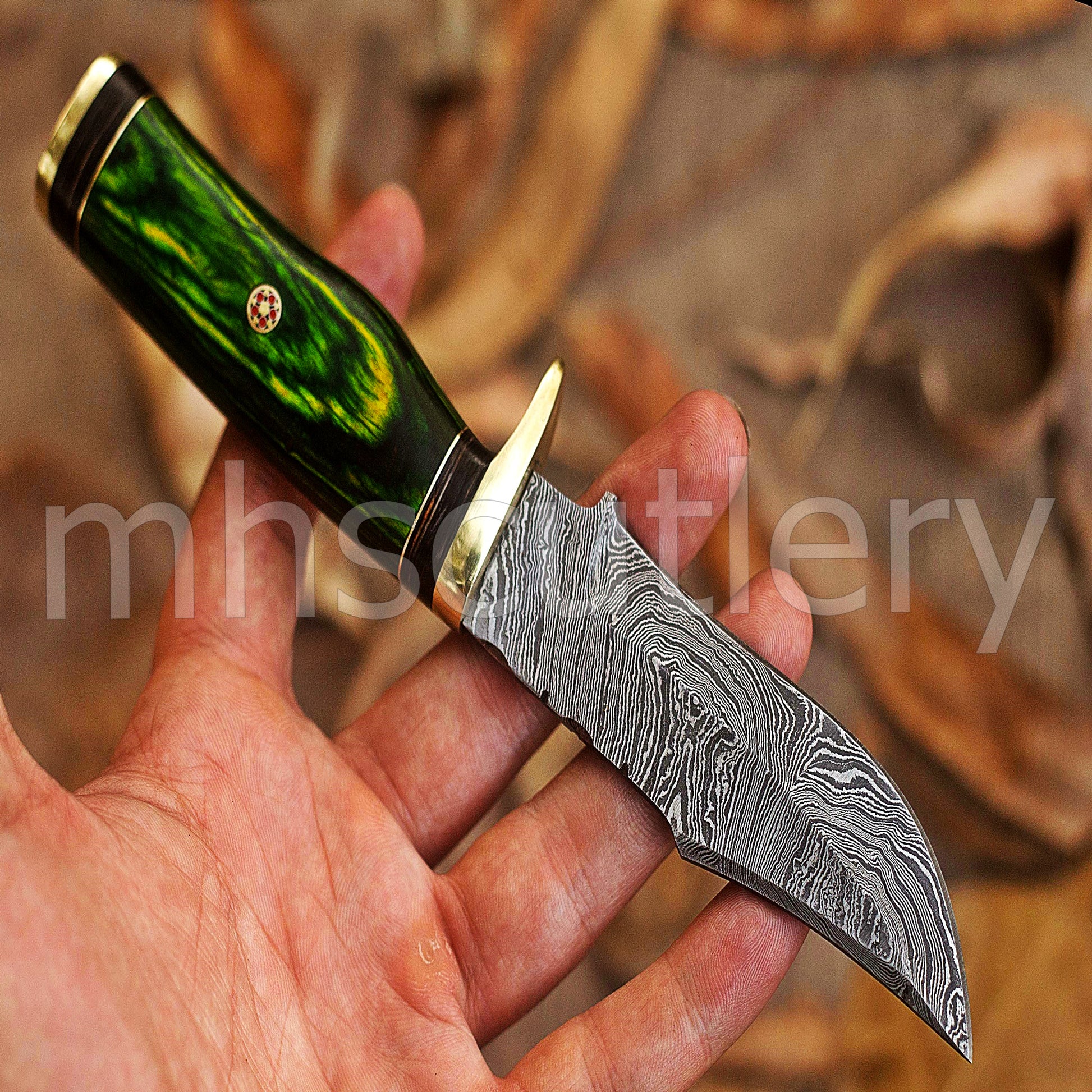 Hand Forged Damascus Steel Skinner Hunting Knife With Green Pakka Wood Handle | mhscutlery