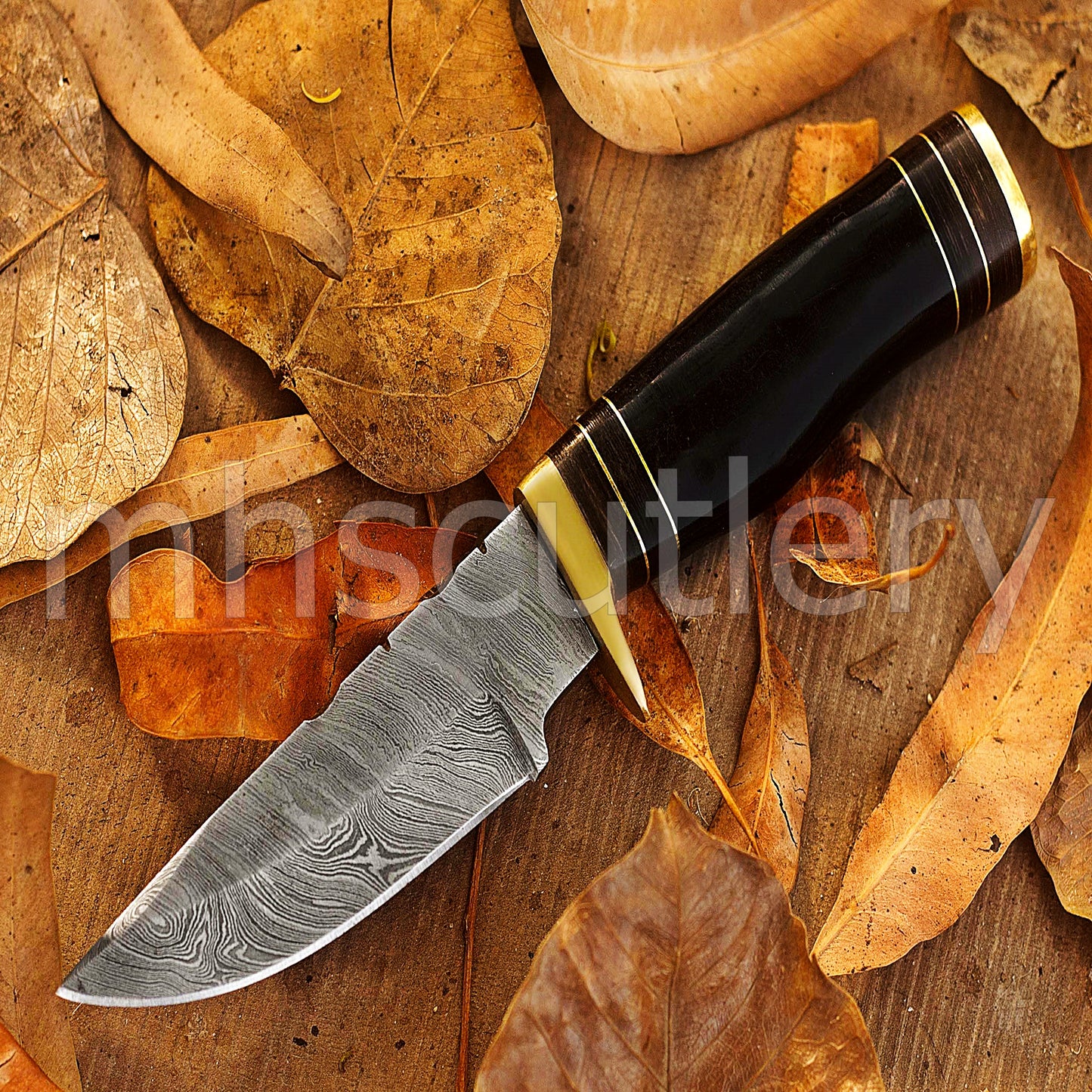 Custom Handmade Damascus Steel Skinner Knife With Bull Horn Handle | mhscutlery