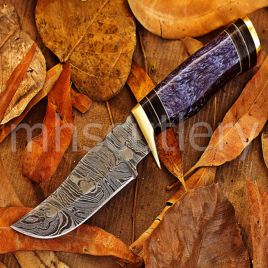 Handmade Skinner Damascus Steel Knife With Purple Resin handle | mhscutlery