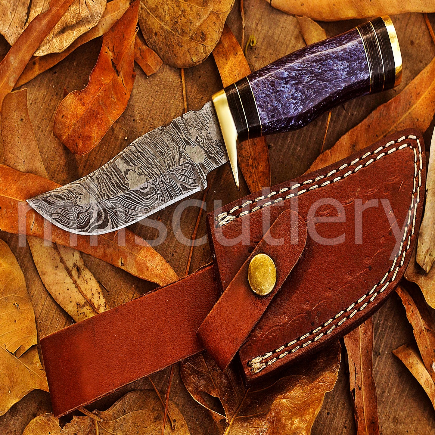 Handmade Skinner Damascus Steel Knife With Purple Resin handle | mhscutlery