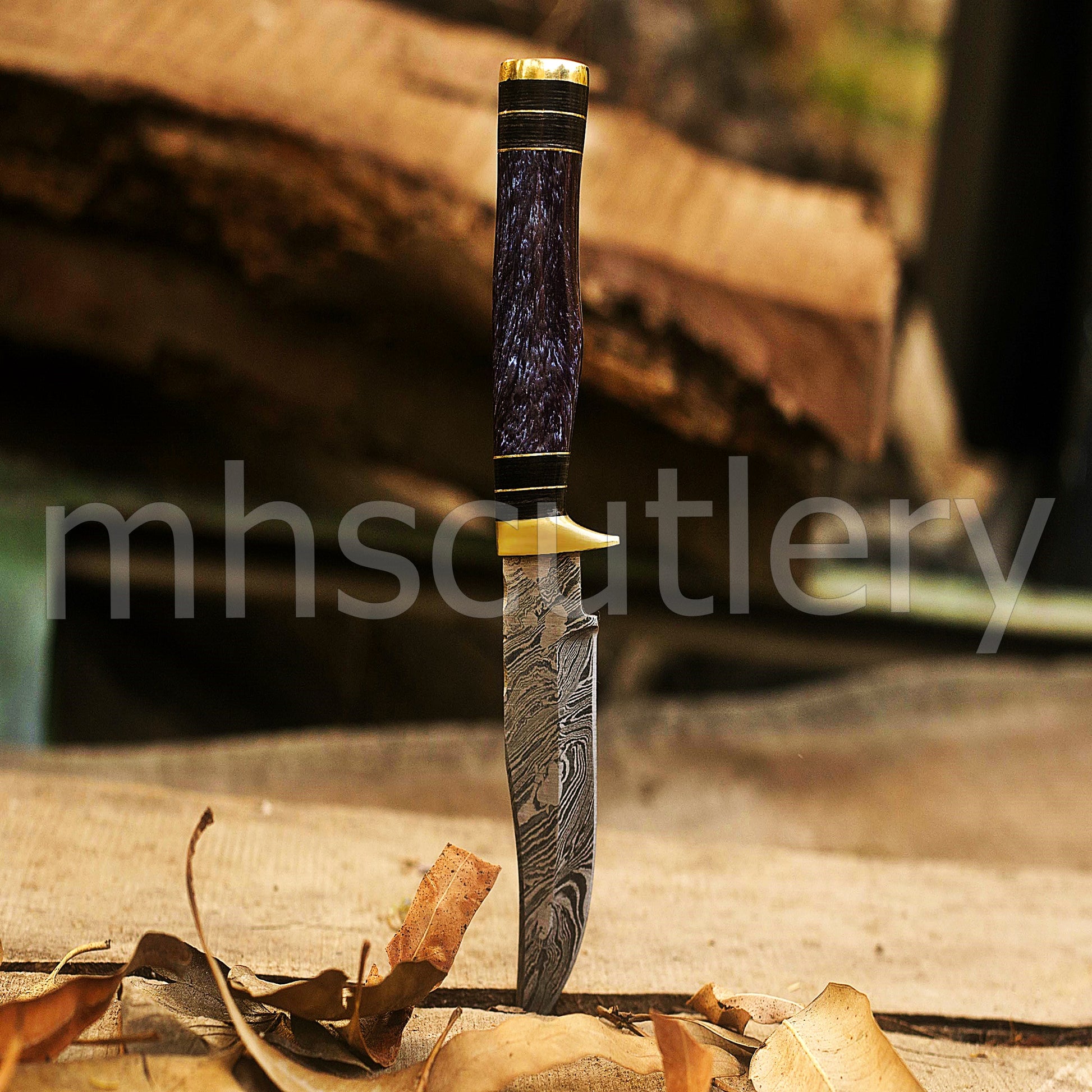 Handmade Skinner Damascus Steel Knife With Purple Resin handle | mhscutlery
