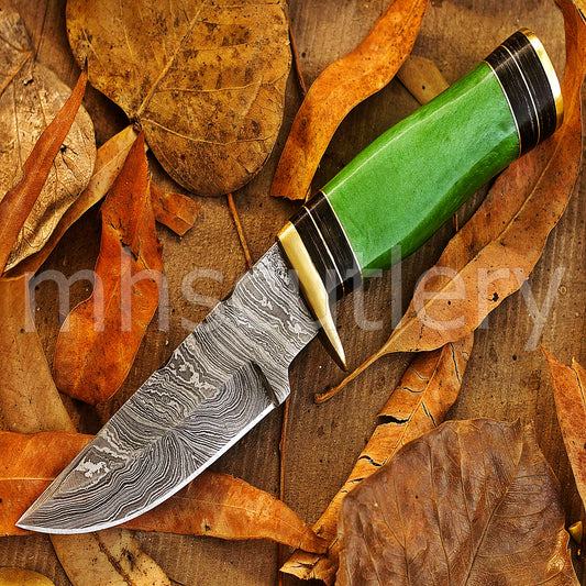 Handmade Damascus Steel Hunting Skinner Knife Rat-Tail With Resin Handle | mhscutlery