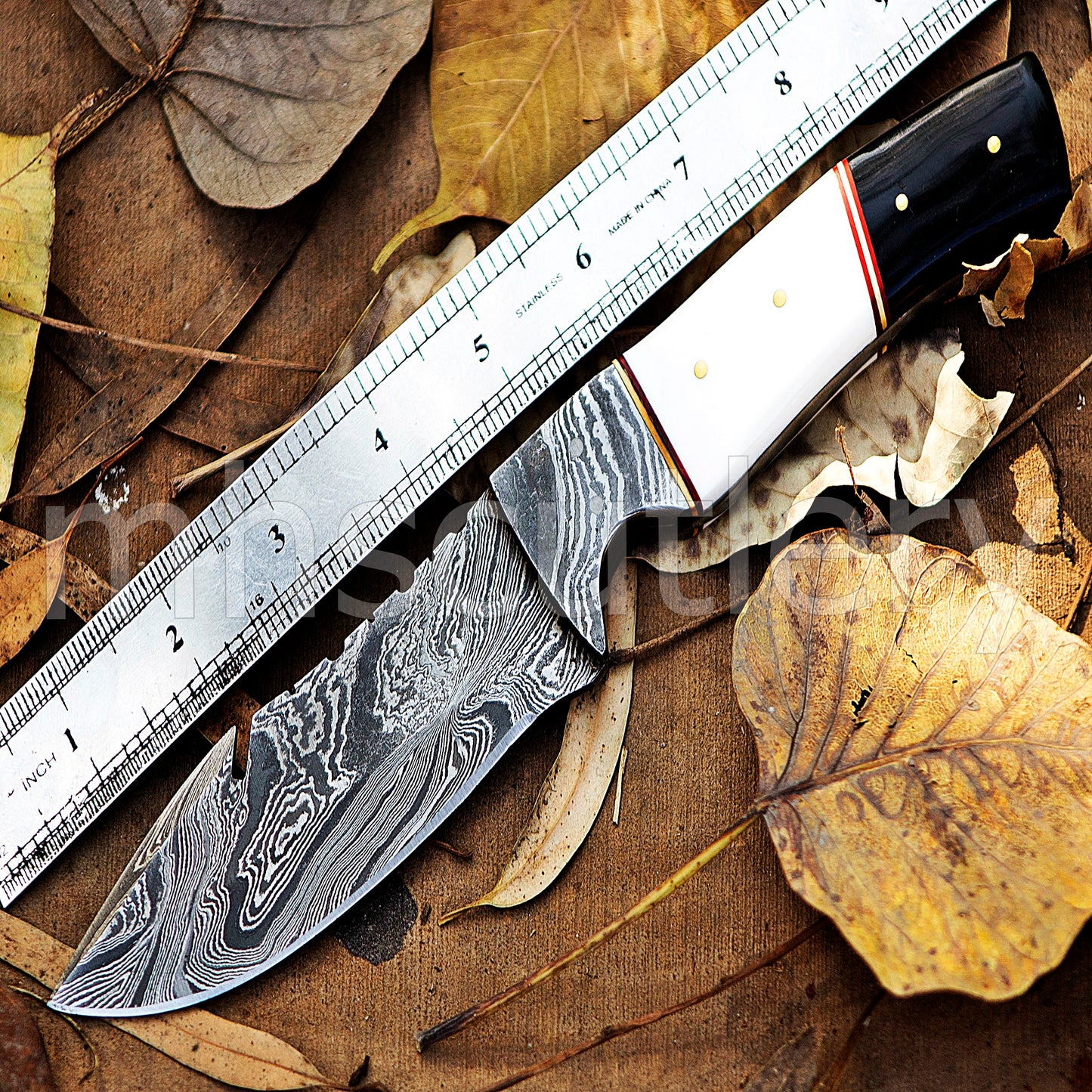Handmade Damascus Steel Hunting Skinner Gut-Hook Knife With Bone & Bull Horn Handle | mhscutlery