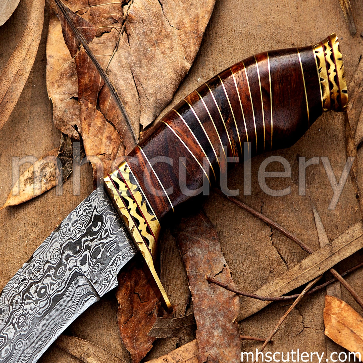 Custom Hand Forged Raindrop Damascus Steel Bowie Hunting Knife | mhscutlery
