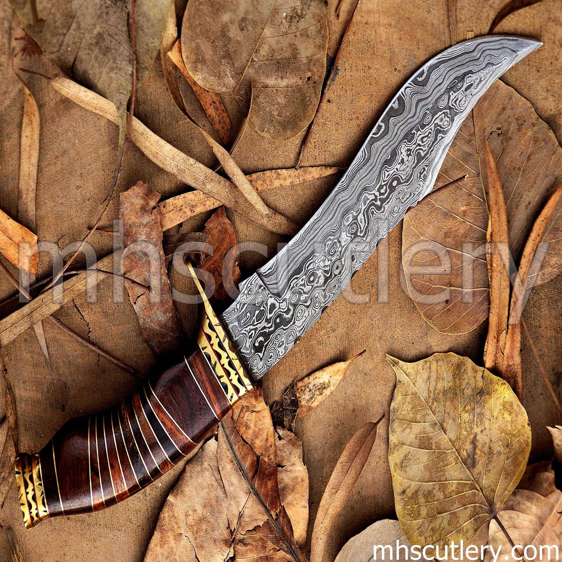 Custom Hand Forged Raindrop Damascus Steel Bowie Hunting Knife | mhscutlery