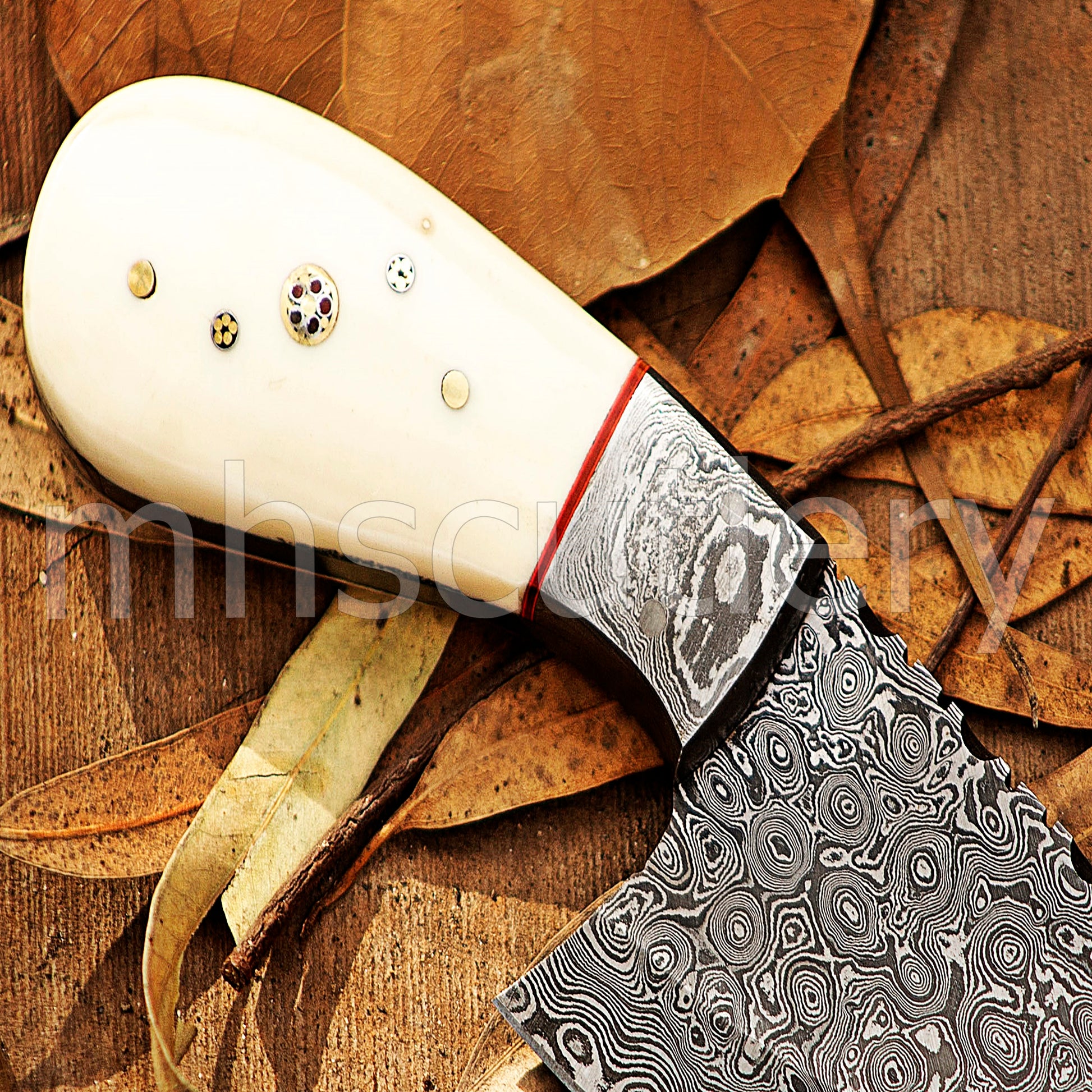 Hand Forged Raindrop Damascus Pizza Cutter Knife / Bone Handle | mhscutlery