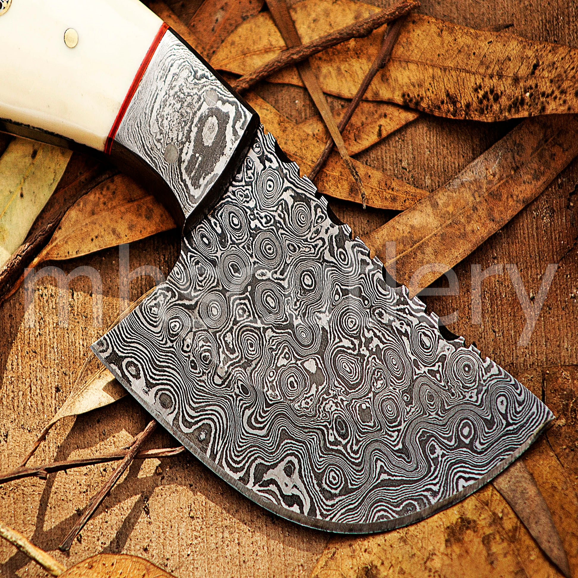 Hand Forged Raindrop Damascus Pizza Cutter Knife / Bone Handle | mhscutlery