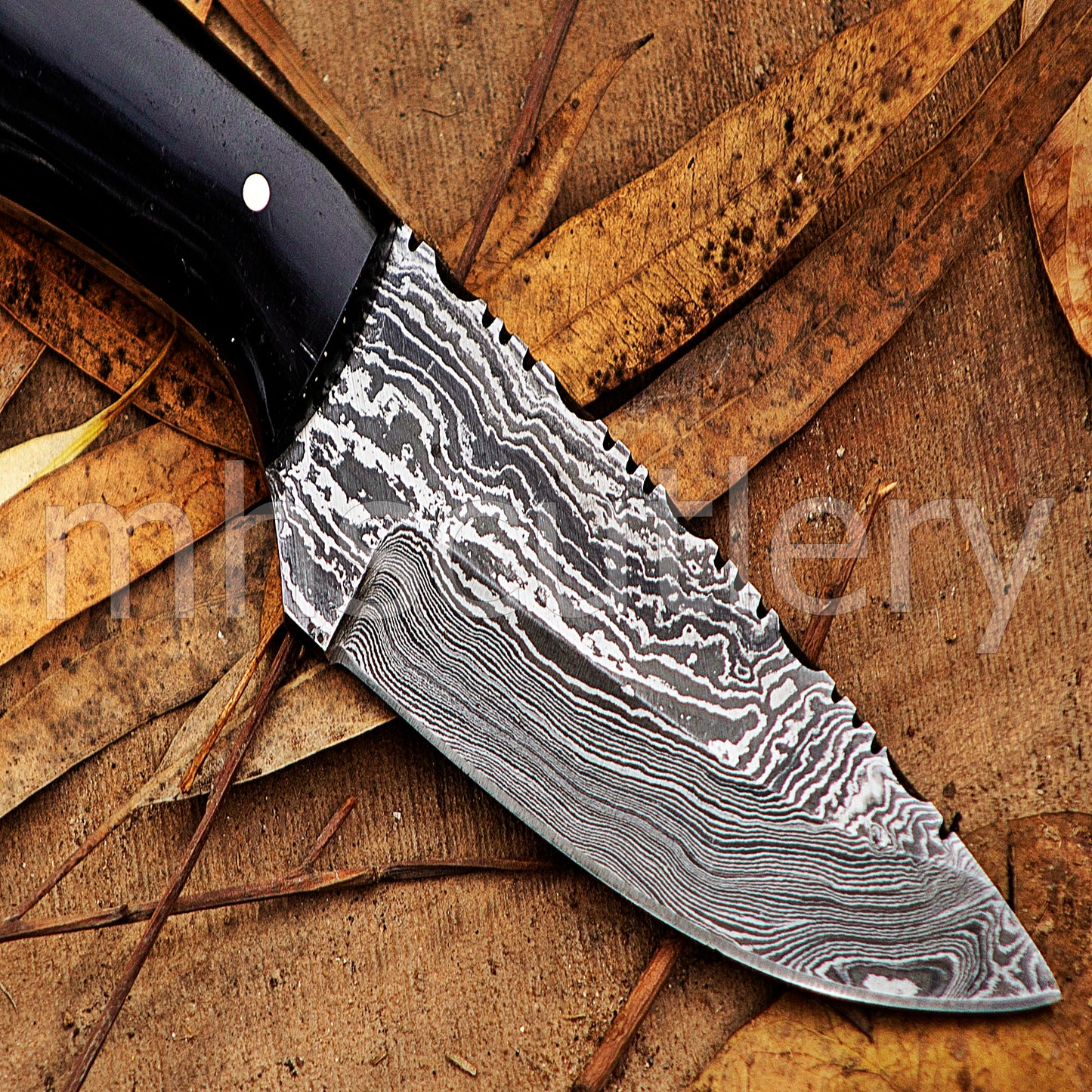 Custom Made Damascus Steel Hunter Skinning Knife With Bull Horn Handle | mhscutlery