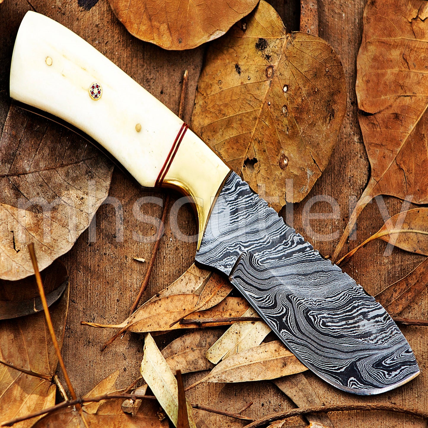 Damascus Steel Fixed Blade Skinning Knife / Bone Handle | mhscutlery