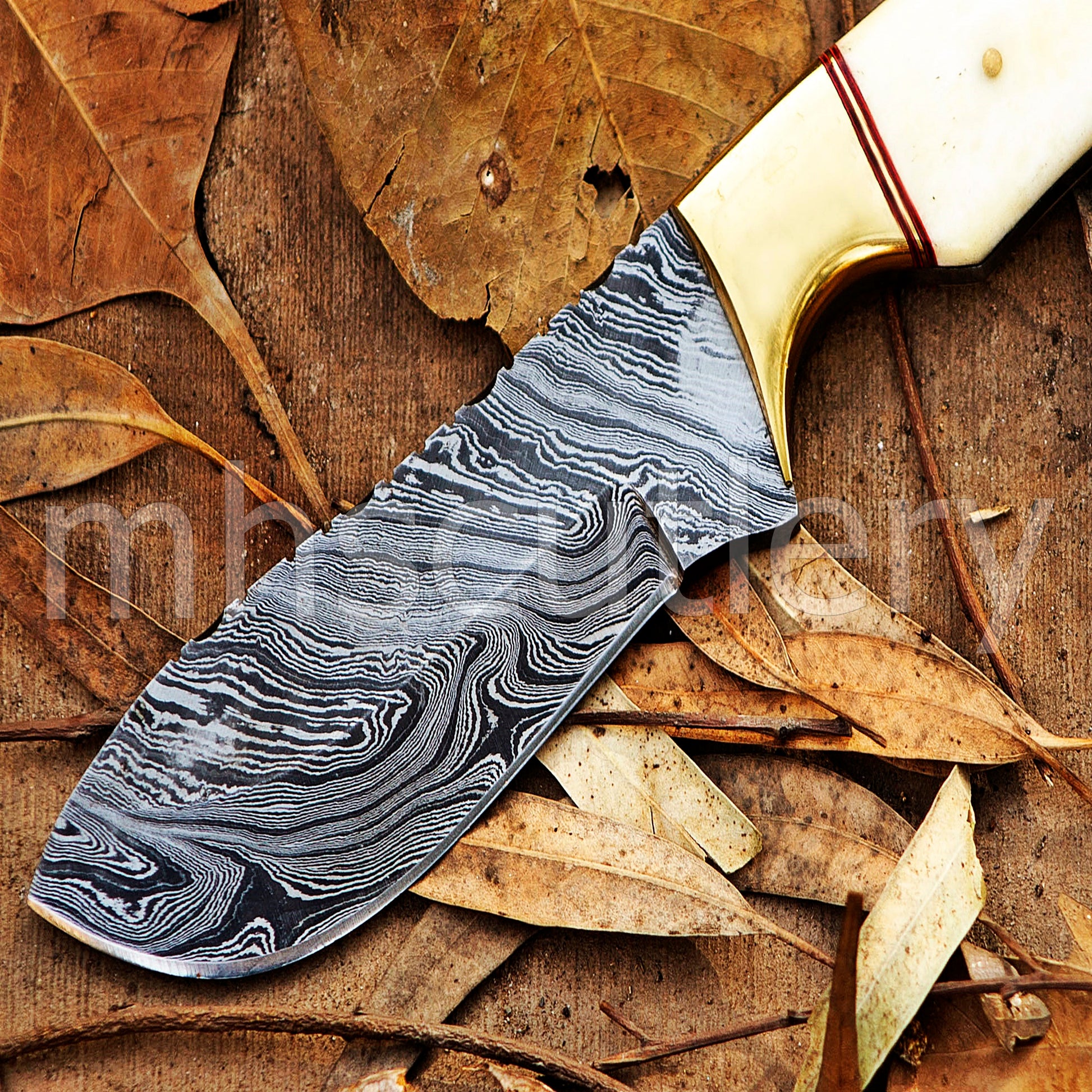 Damascus Steel Fixed Blade Skinning Knife / Bone Handle | mhscutlery