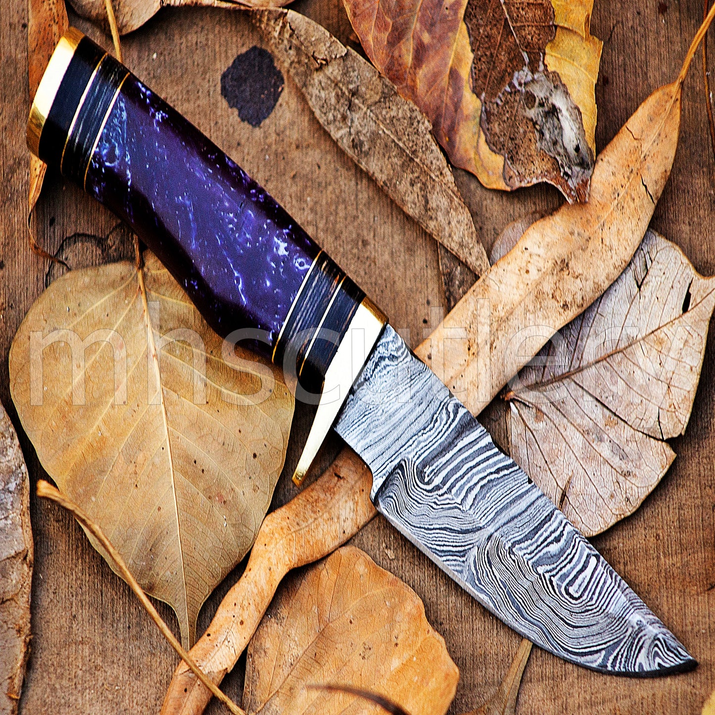 Damascus Steel Hunter Skinner Knife With Purple Resin | mhscutlery