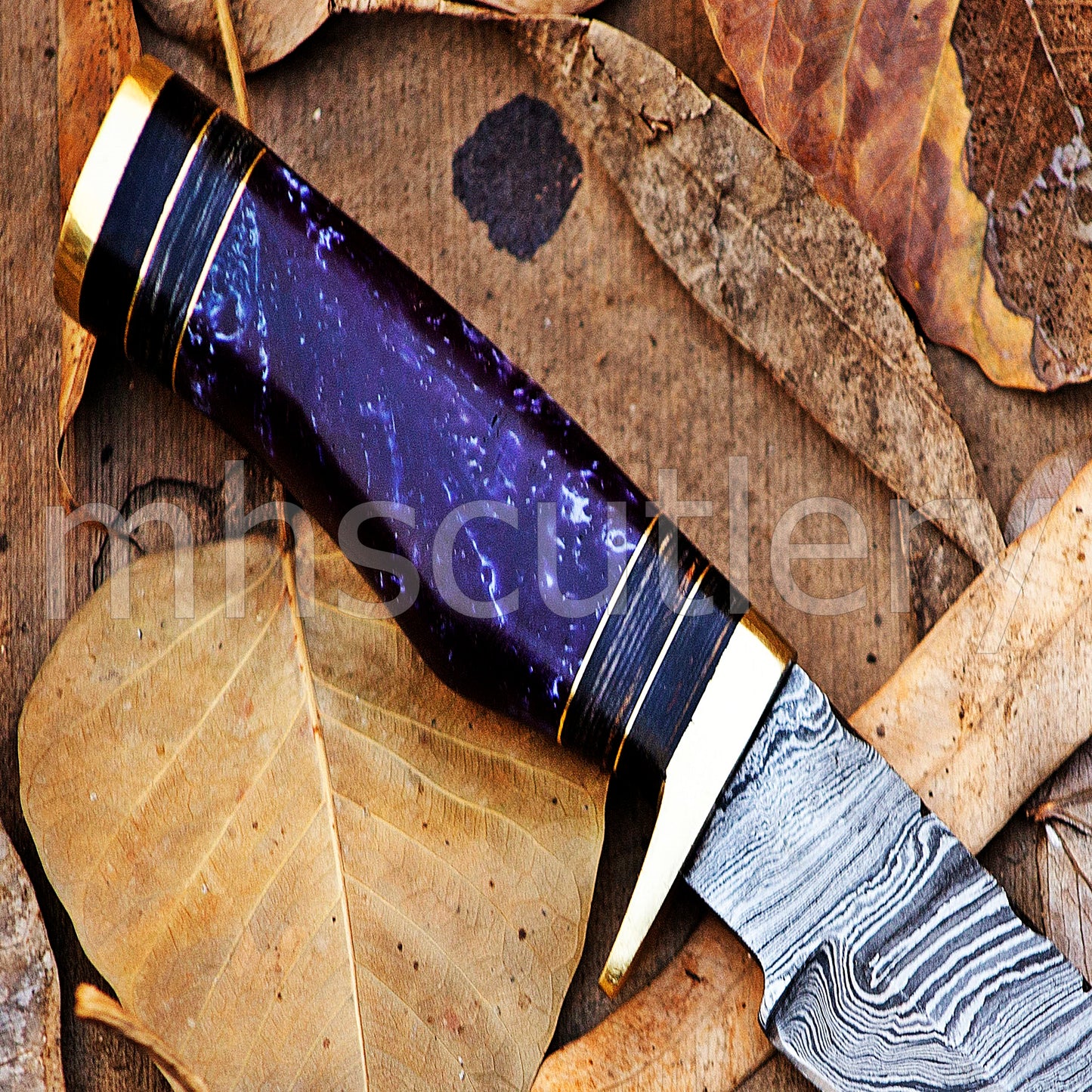 Damascus Steel Hunter Skinner Knife With Purple Resin | mhscutlery