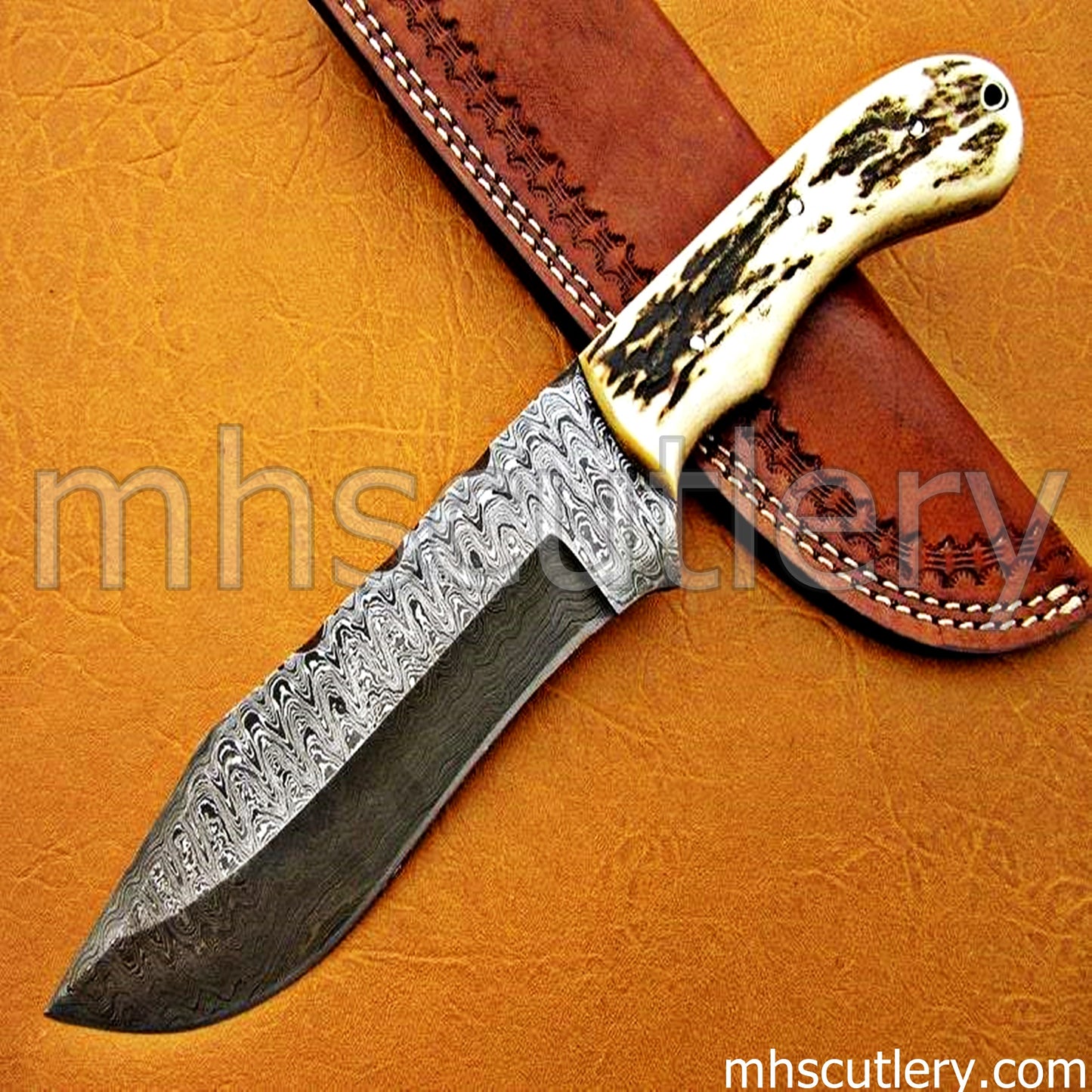 Handmade Ladder Damascus Steel Tactical Hunting Knife / Stag Handle | mhscutlery