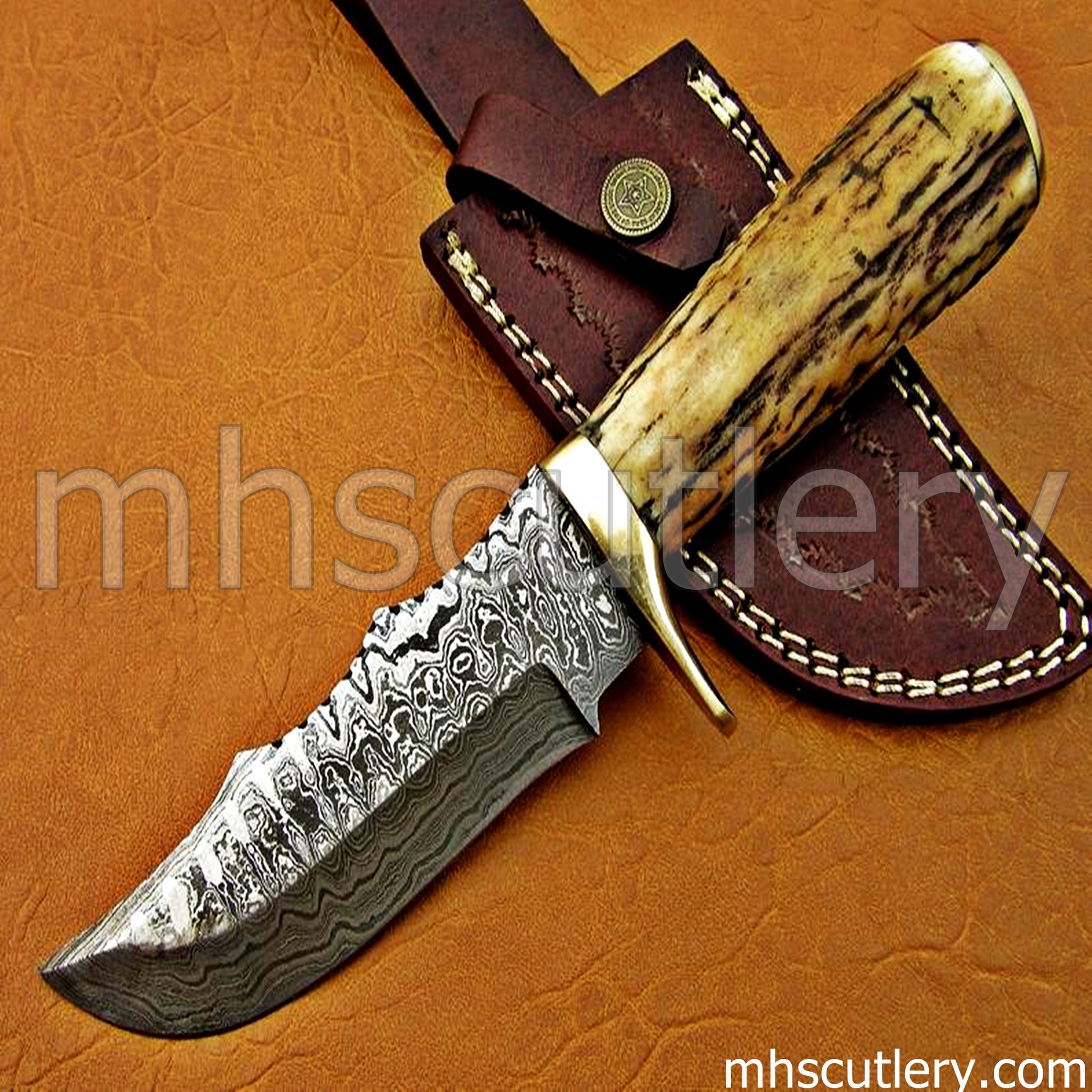 Ladder Damascus Steel Hunter's Knife / Antler Handle | mhscutlery