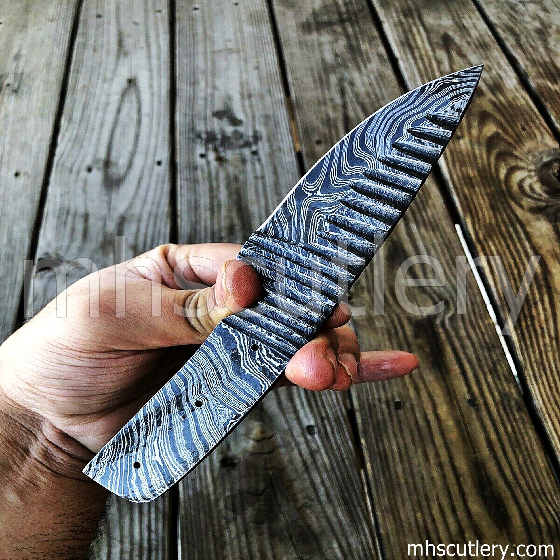Custom Handmade Damascus Steel Hammered Blank Blade Skinner For Knife Makers | mhscutlery