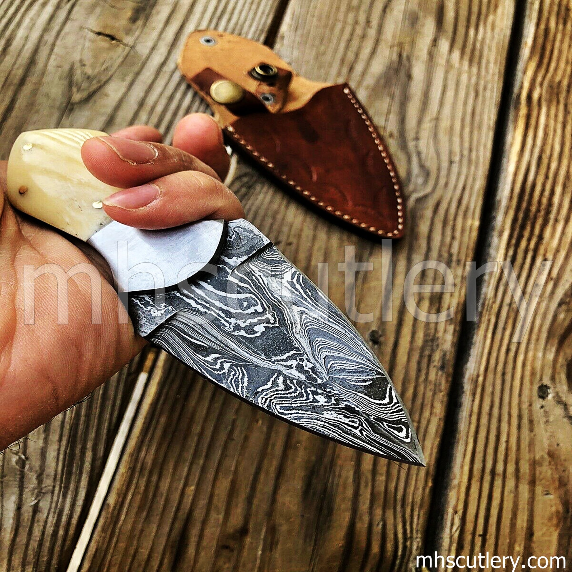 Hand Forged Damascus Steel Mini Dagger / Bone Handle | mhscutlery