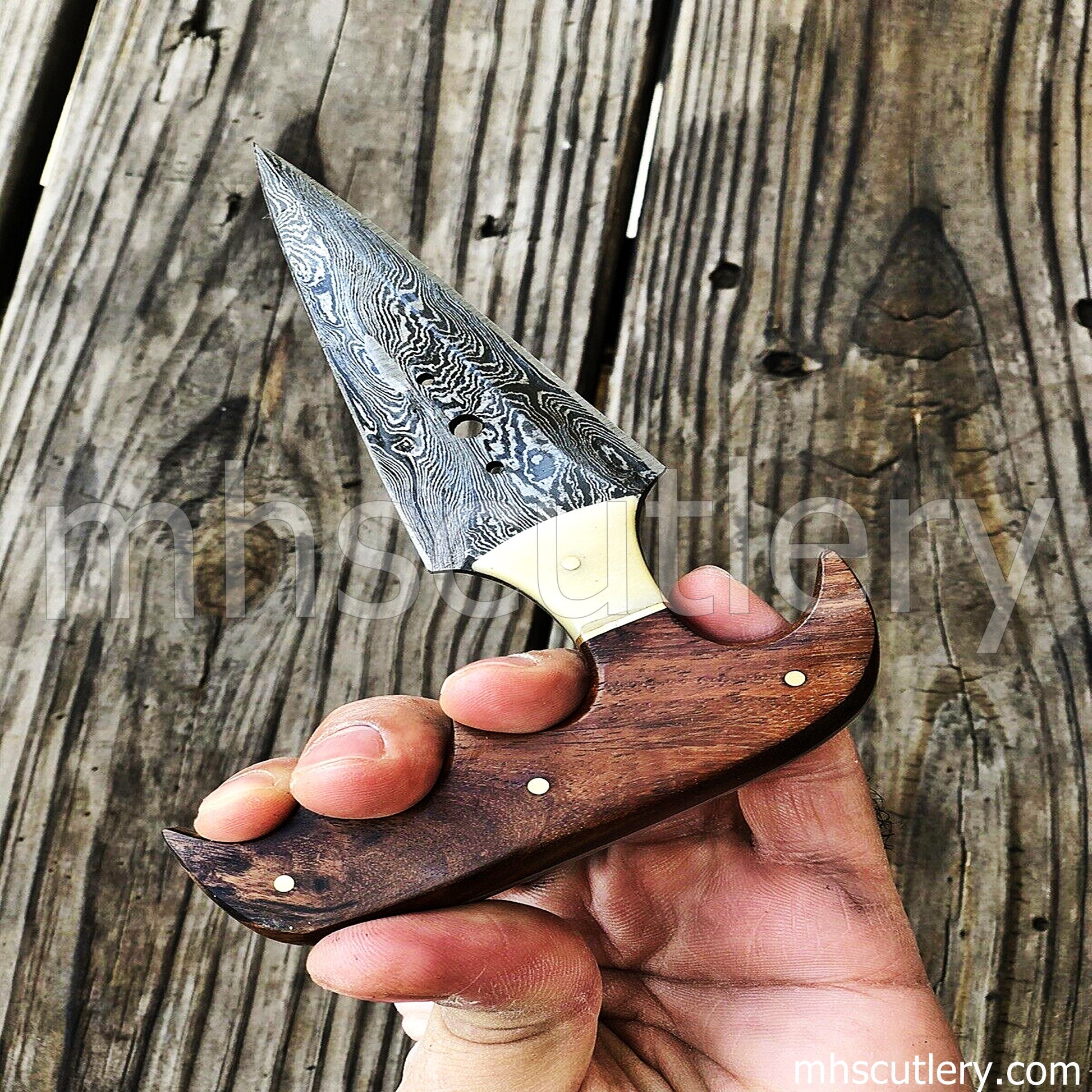 Damascus Steel Custom Push Dagger / Wood Handle | mhscutlery