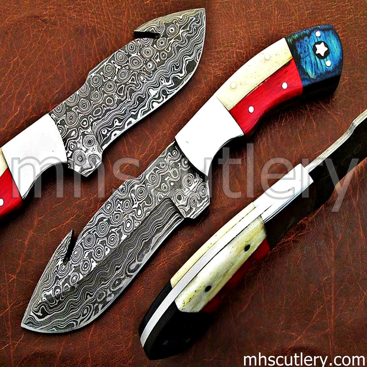 Raindrop Damascus Steel Gut Hook Hunter's Knife / American Flag Handle | mhscutlery